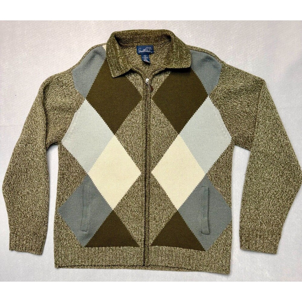 Vintage 90s Arnold Palmer Full Zip Wool Blend Sweater Jacket Green Argyle Mens M